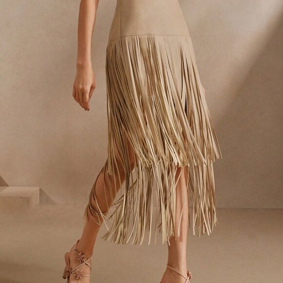 Beige Boho Women's Versatile Midi High Waisted Soft Leather Fringed Skirt - Picture 4 of 6